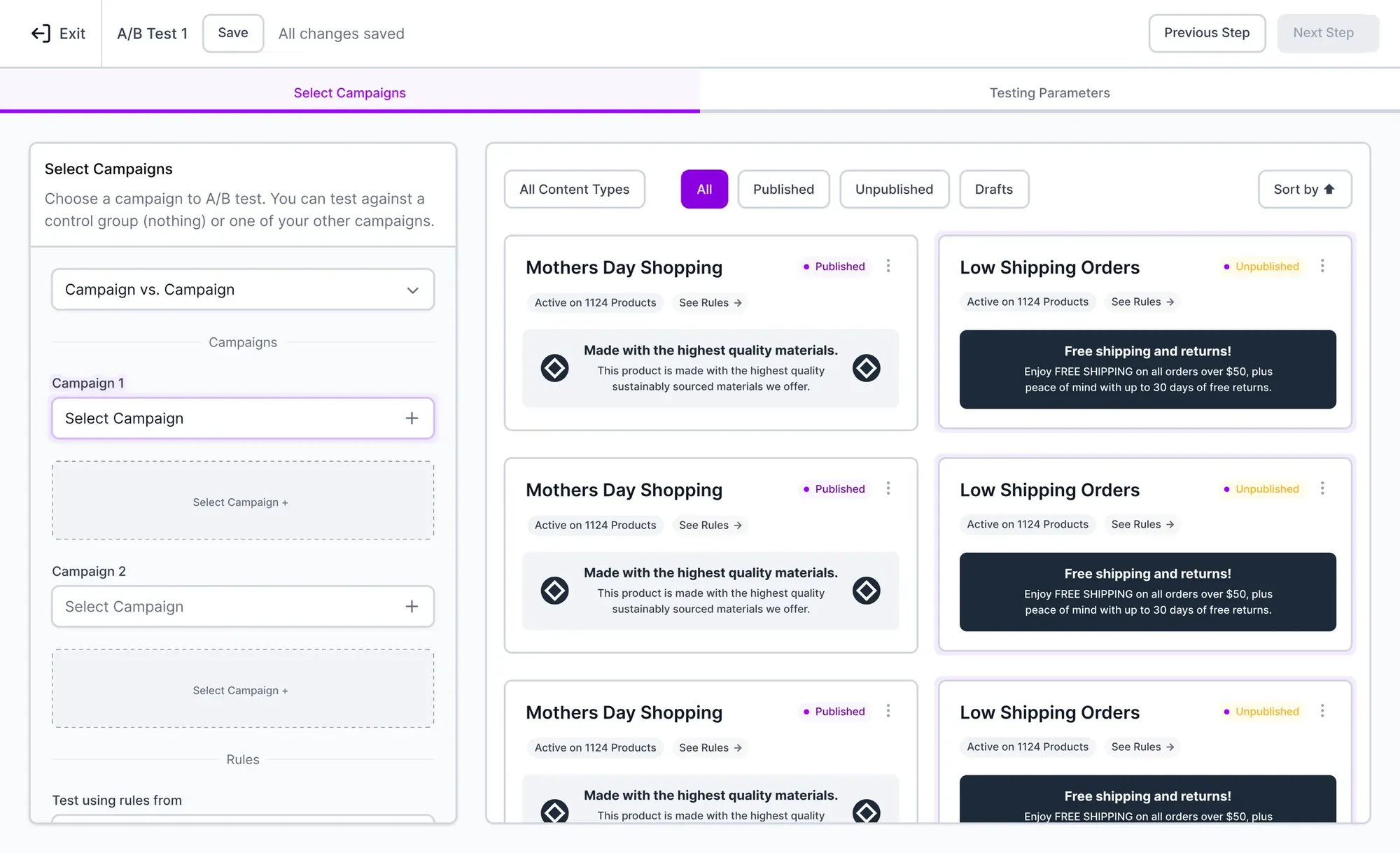 A/B test setup step one: choose campaign versus campaign or test versus control and pick campaigns