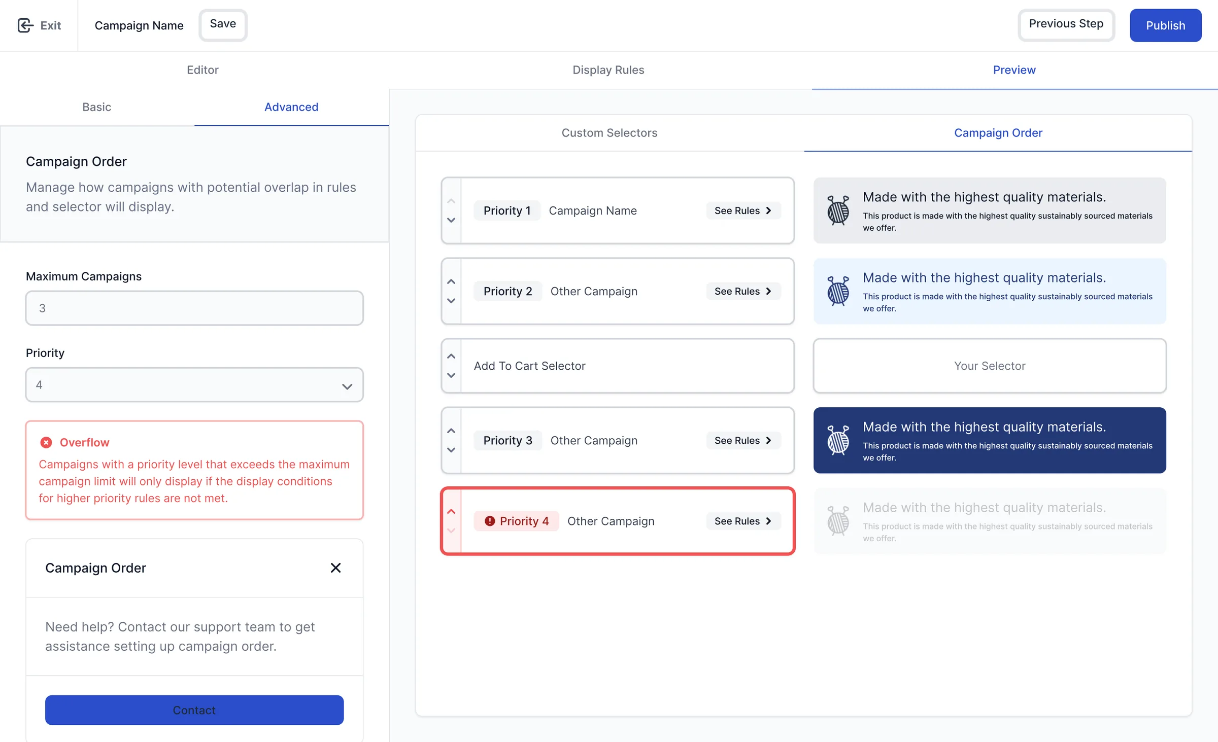Campaign order screen showing an overflow warning when a campaign exceeds the maximum