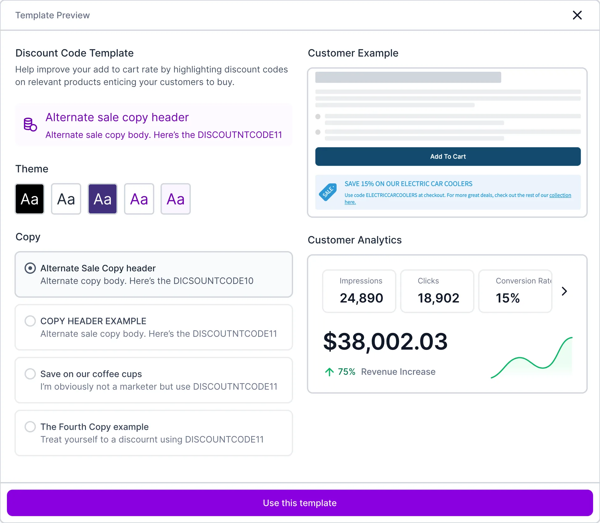 Template preview with theme, copy options, a customer example and customer analytics