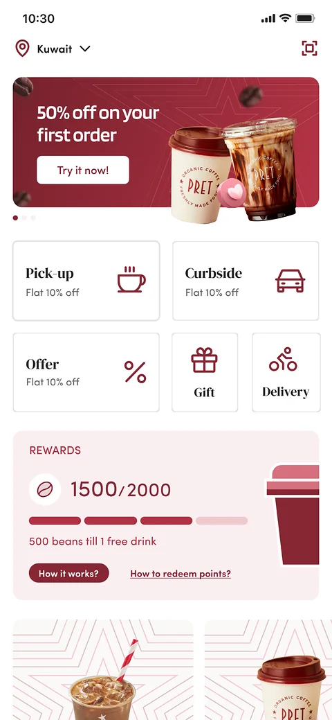 PRET home with a first-order offer and 1500 of 2000 reward beans