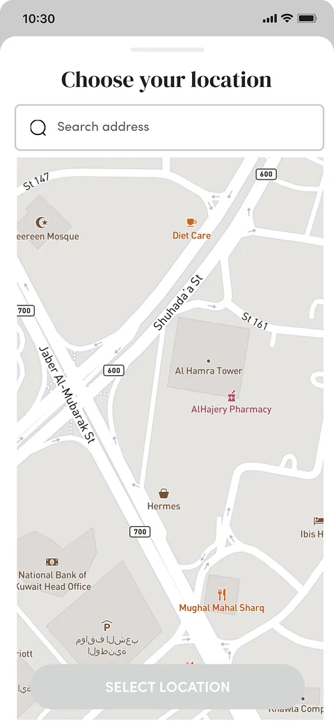 PRET location picker on a map of Kuwait City