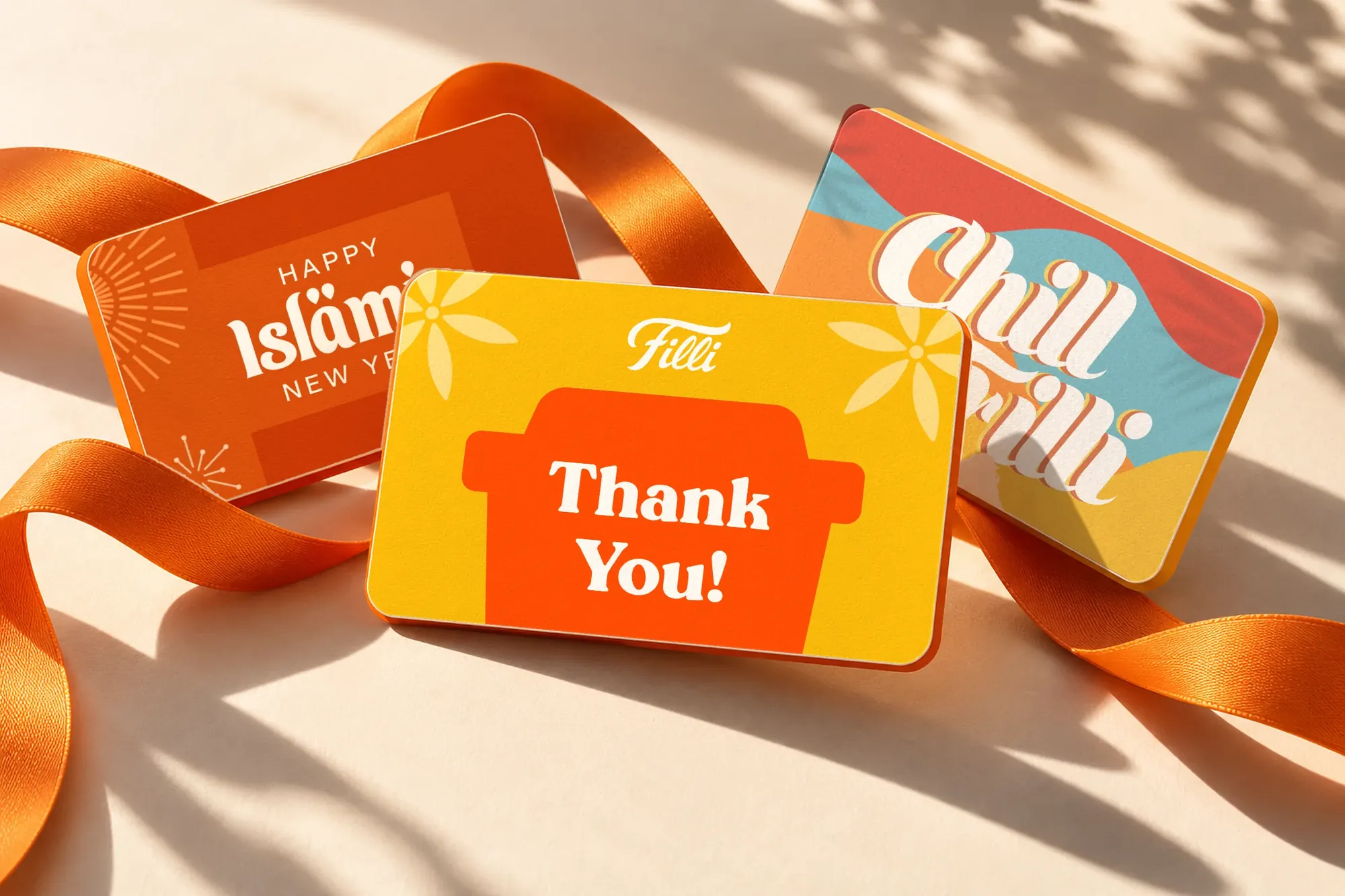 Three FiLLi gift cards, Happy Islamic New Year, Thank You and Chill with FiLLi, with an orange ribbon