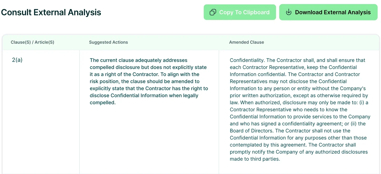 External analysis table with clause, suggested actions and amended clause