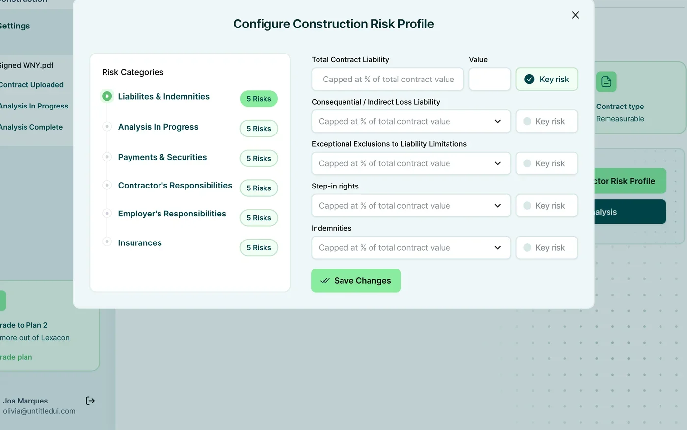 Configure Construction Risk Profile with risk categories and caps