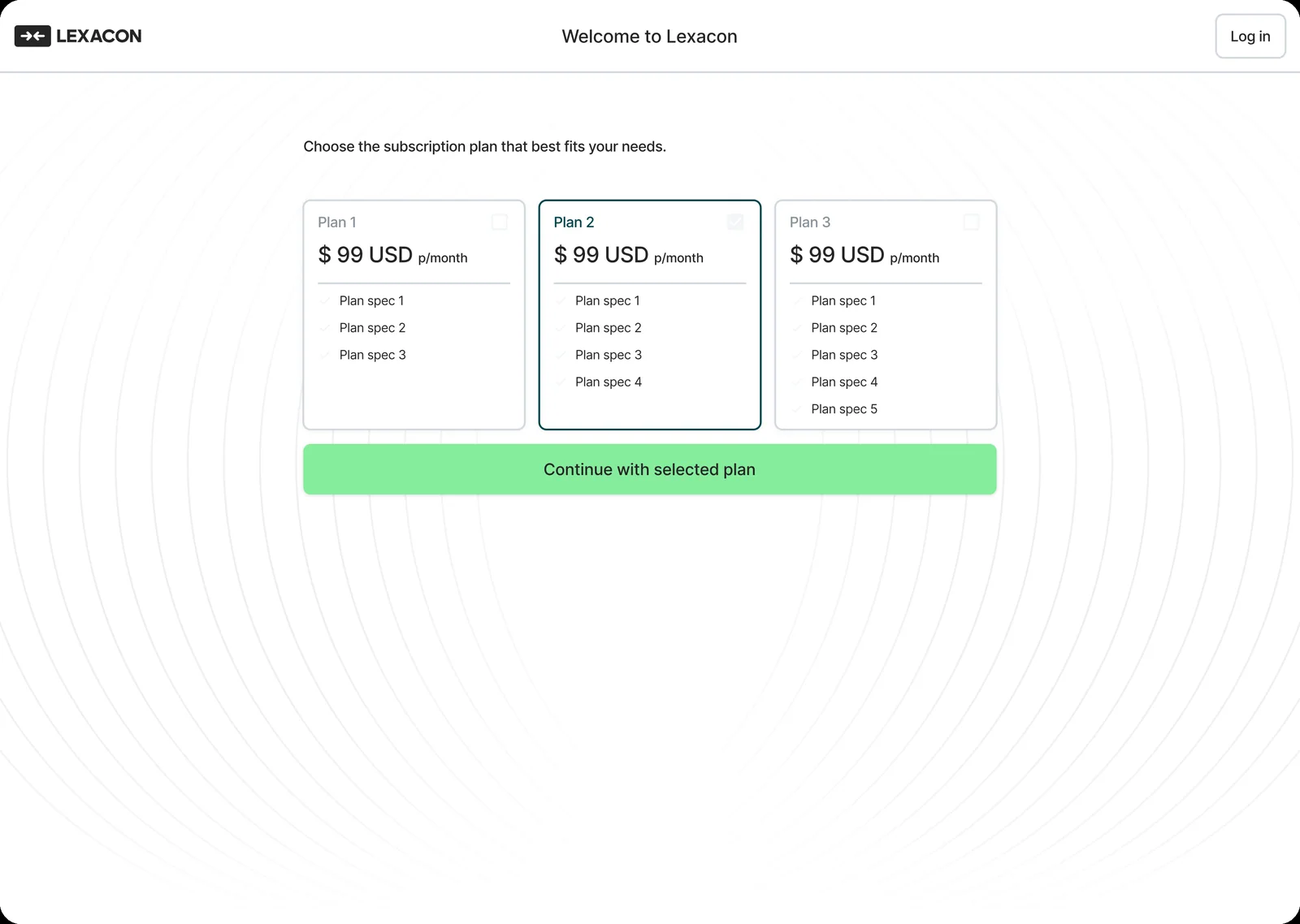 Wireframe of the plan selection