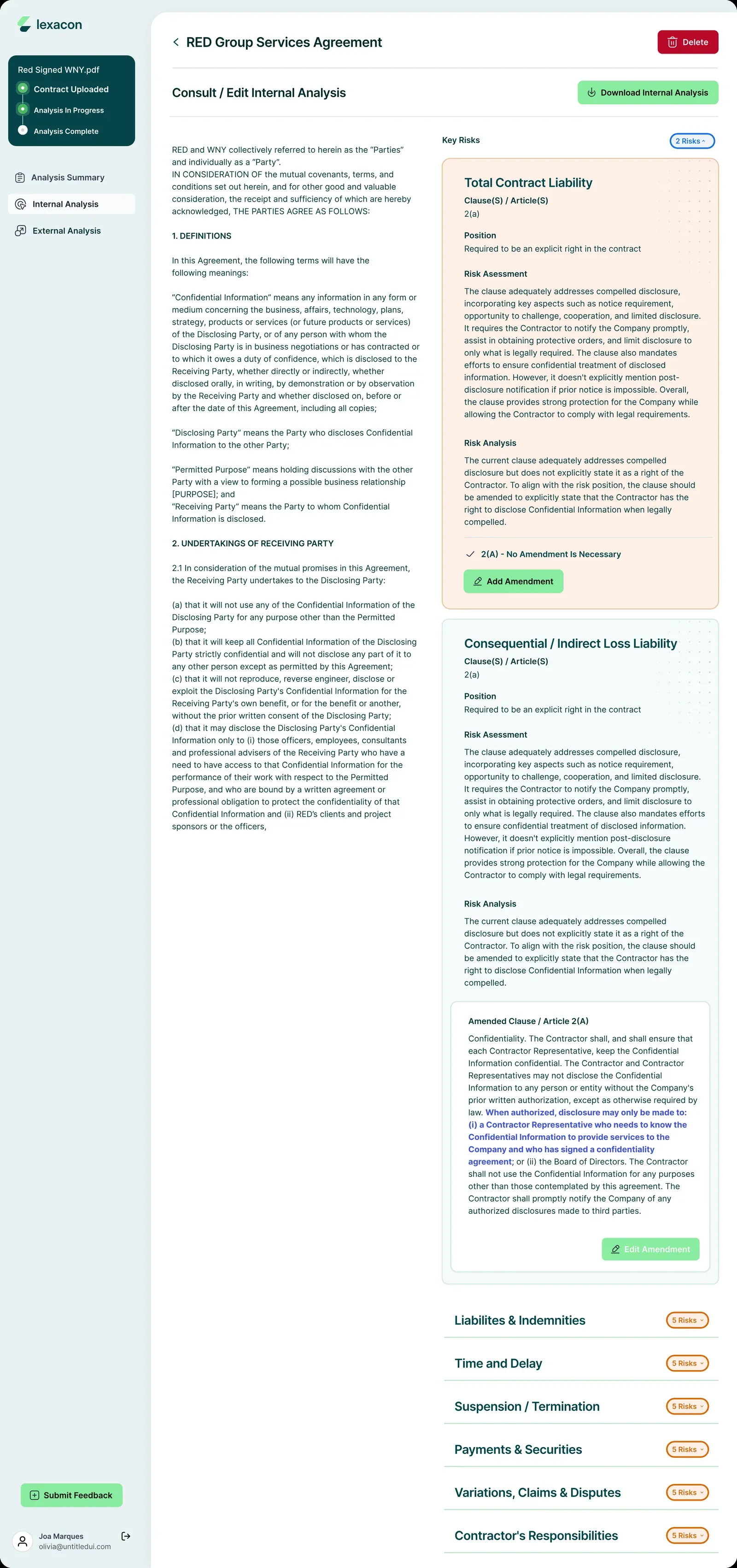 The full internal analysis page: the contract text beside key risk cards with amendments