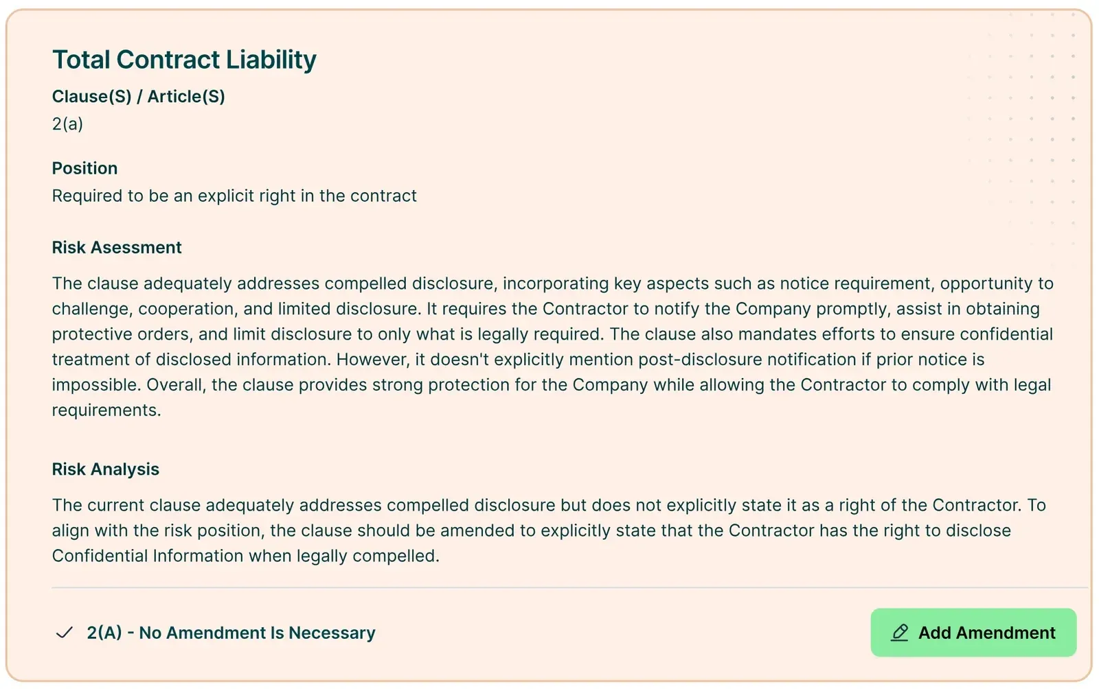 Total Contract Liability risk card with clause, position, risk assessment and risk analysis