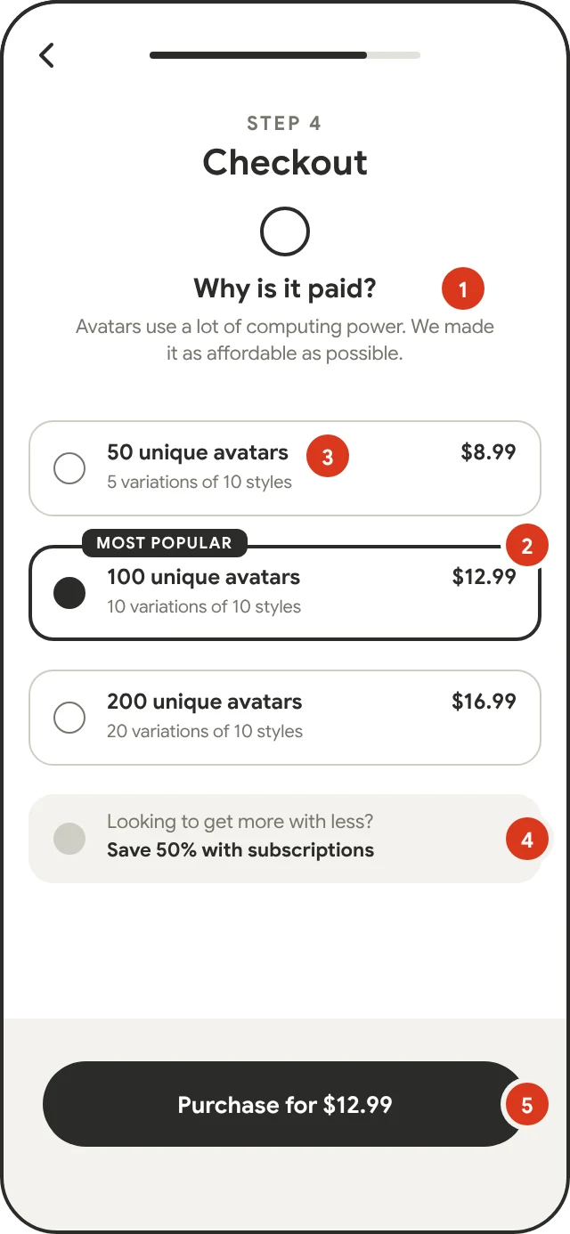 Wireframe of checkout with numbered notes