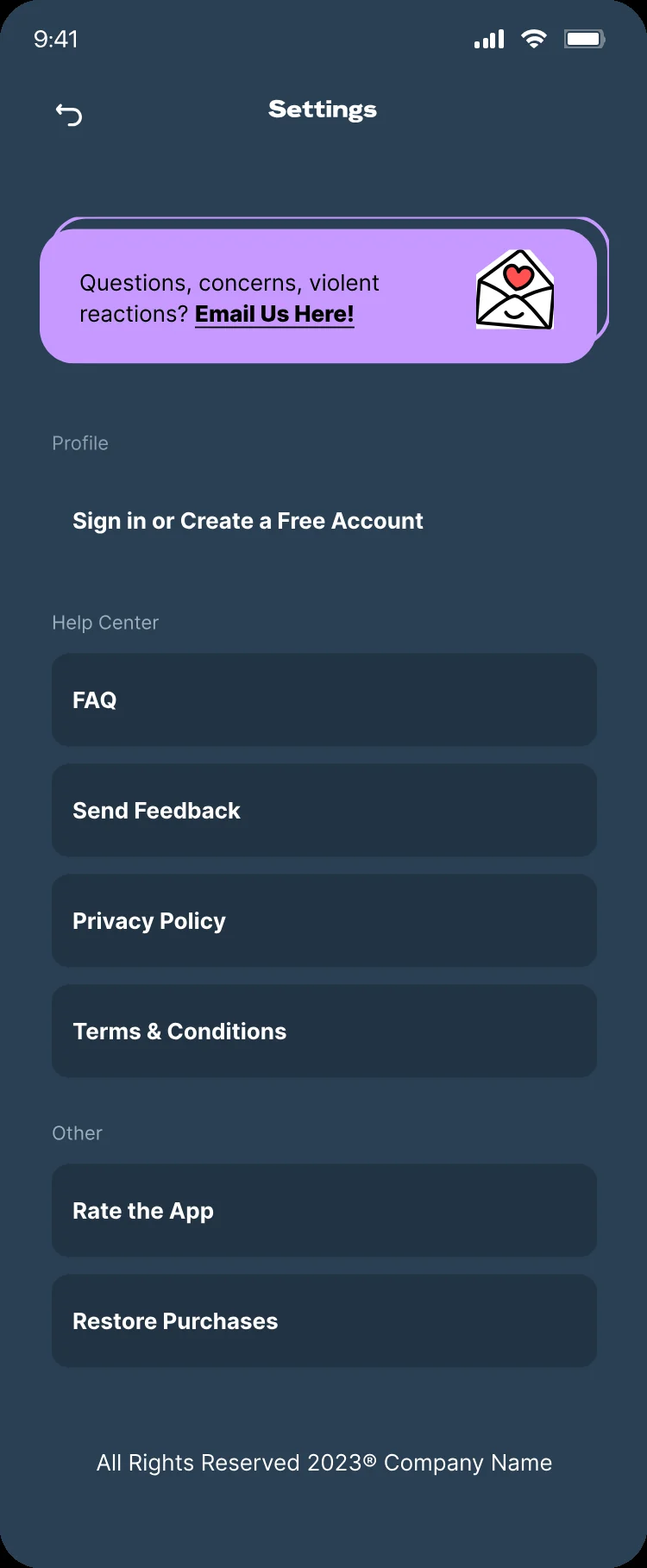 Settings with the option to create an account
