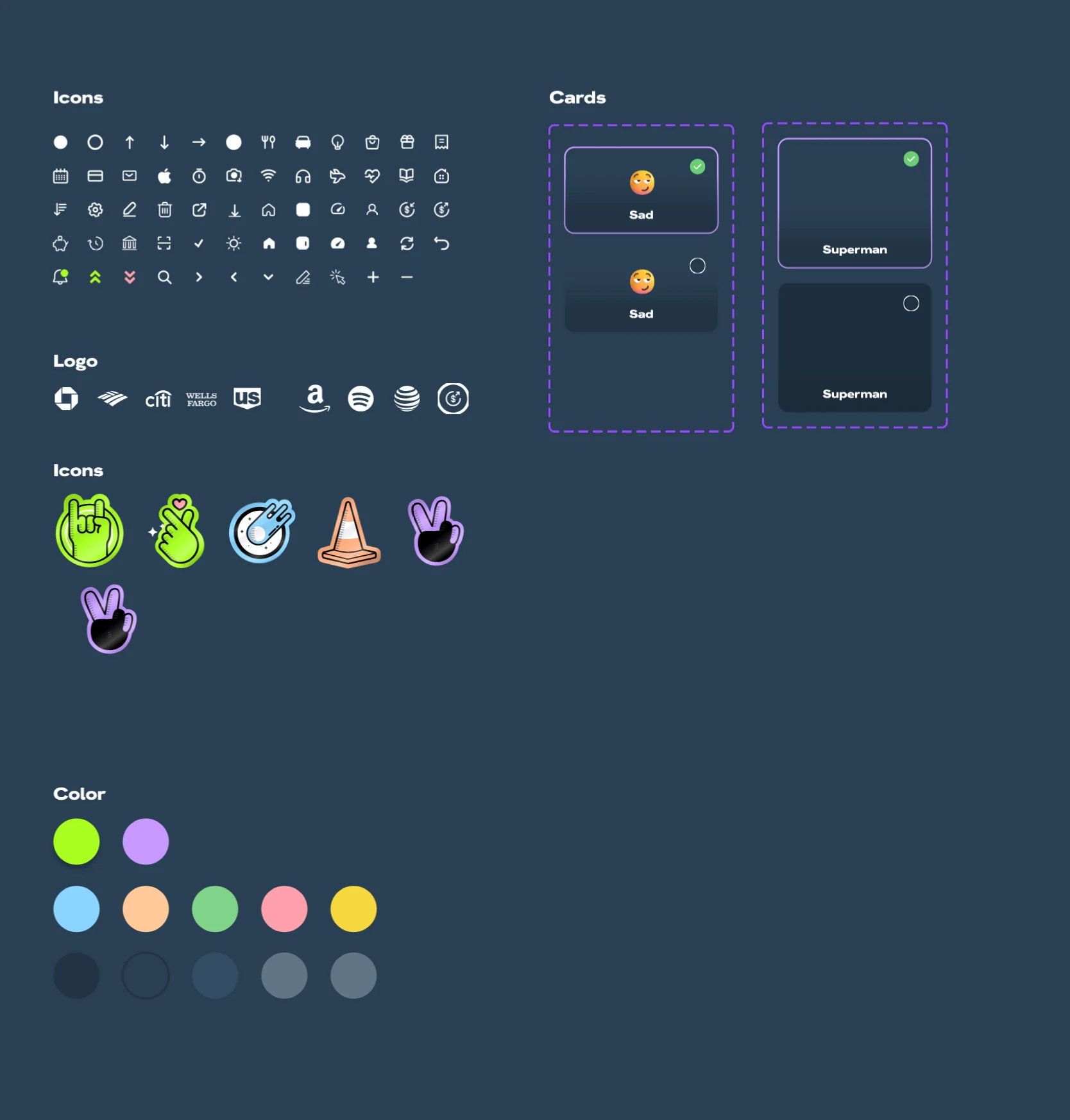 Component sheet: icons, logos, cards and colour