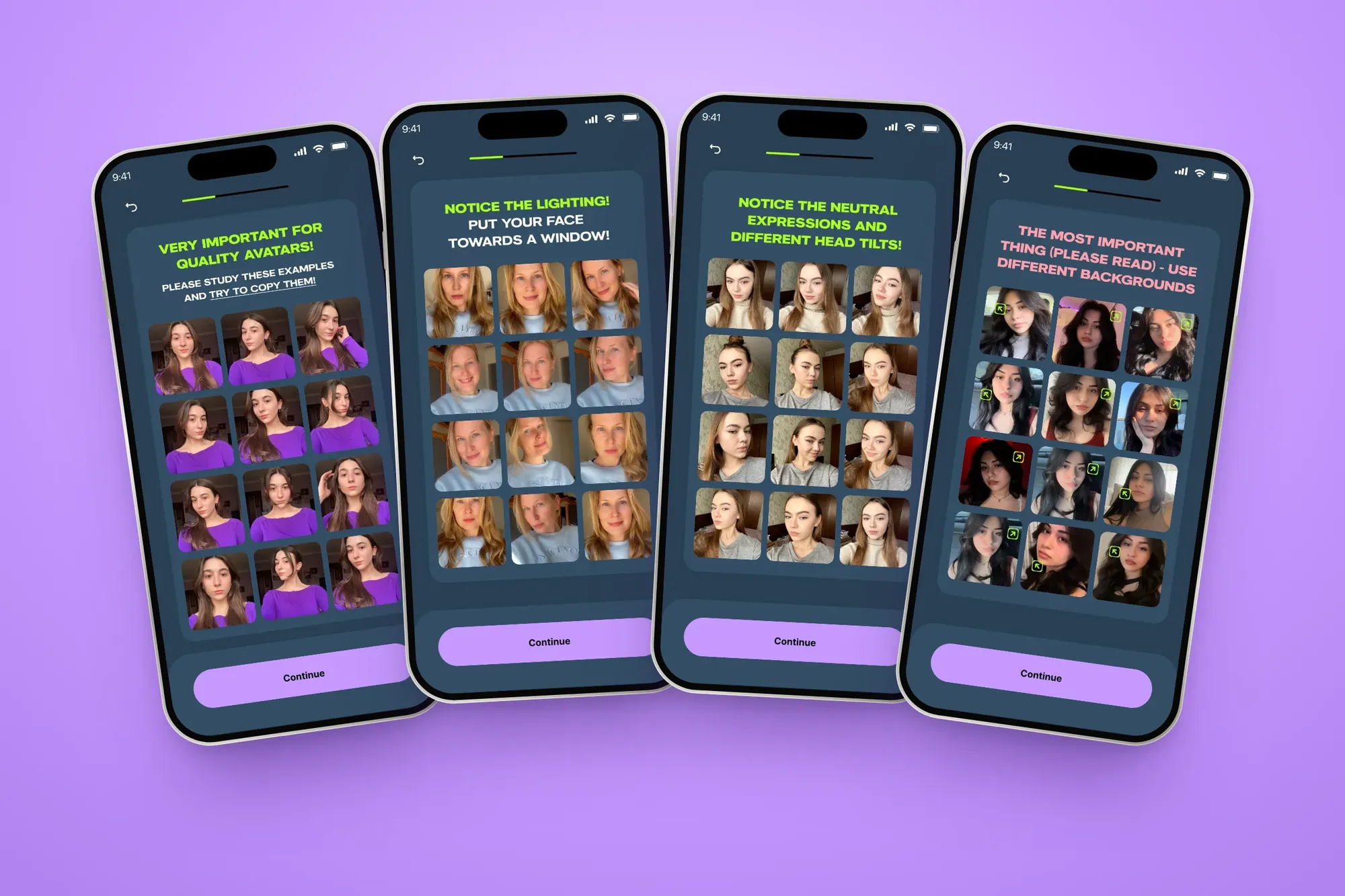 Four photo rulebook screens fanned out on lilac: study the examples, lighting, expressions and backgrounds