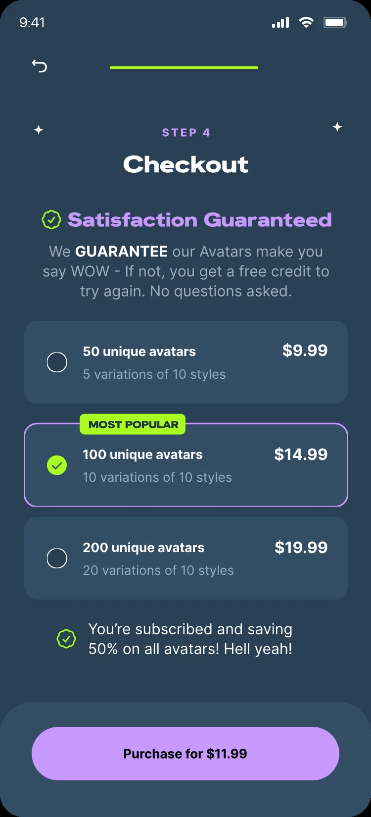 Satisfaction guarantee screen