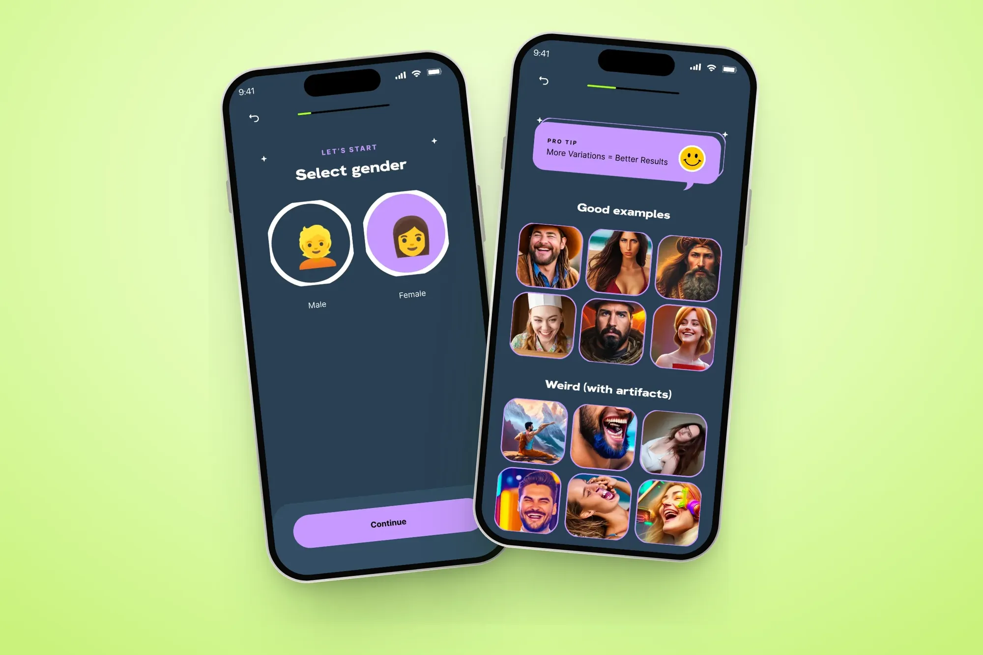 Select gender and What to expect screens, with good examples next to weird ones