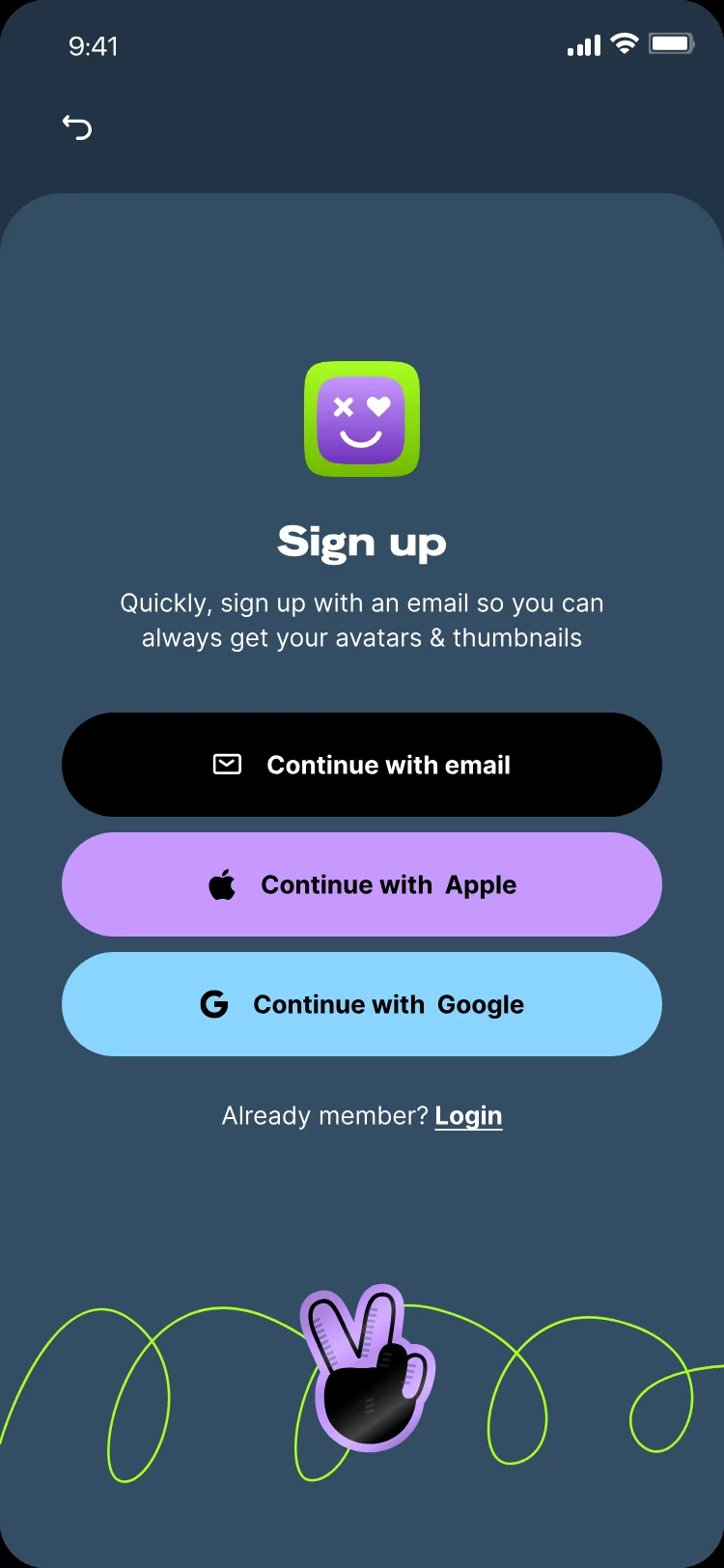 Sign-up screen offered after purchase