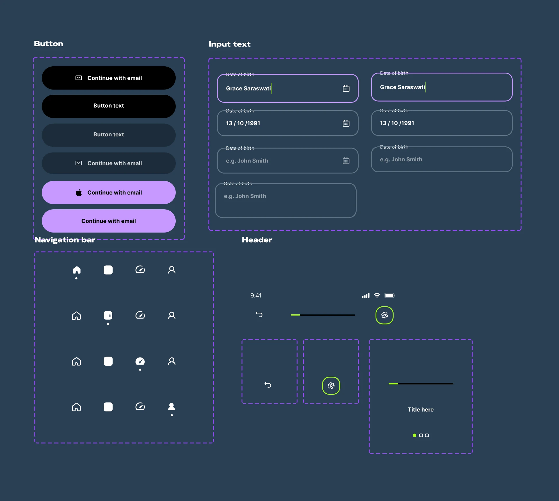 Component sheet: buttons, inputs, navigation bar and header