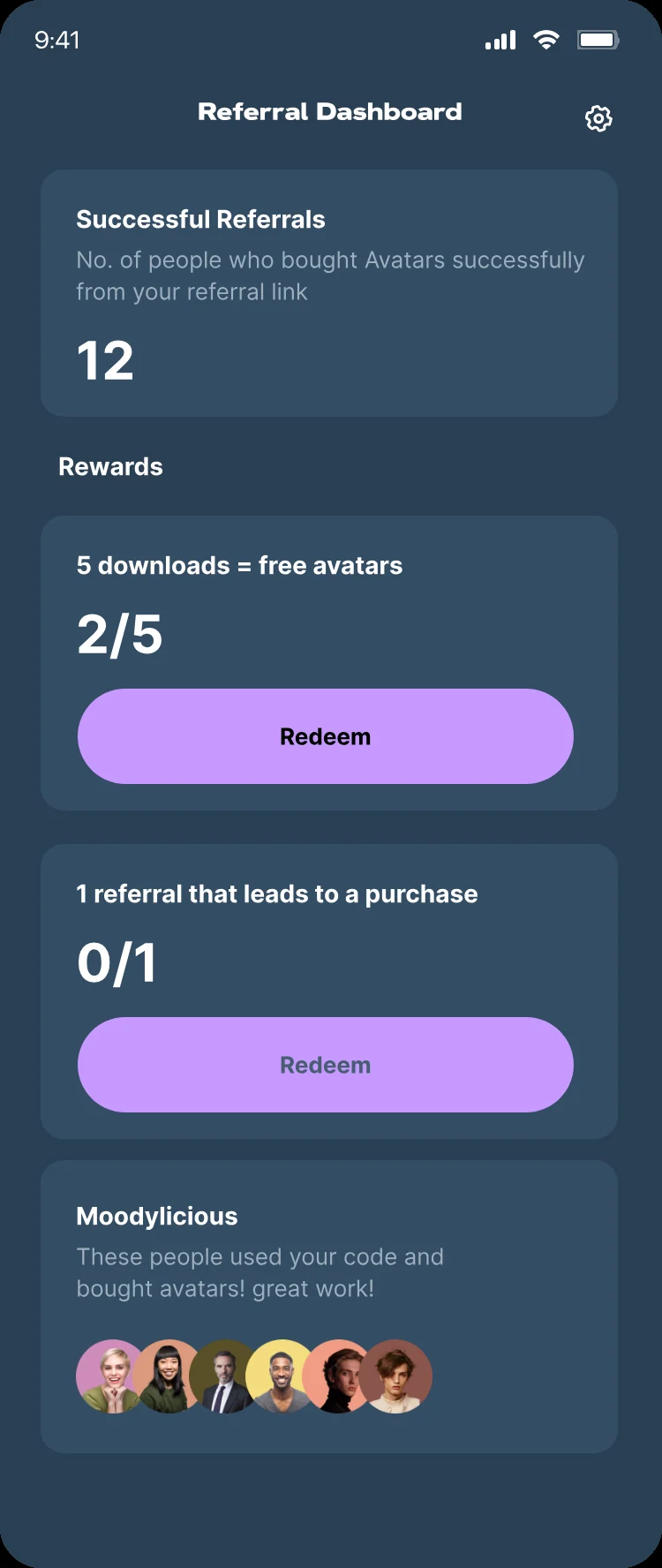 Referral dashboard showing progress toward rewards