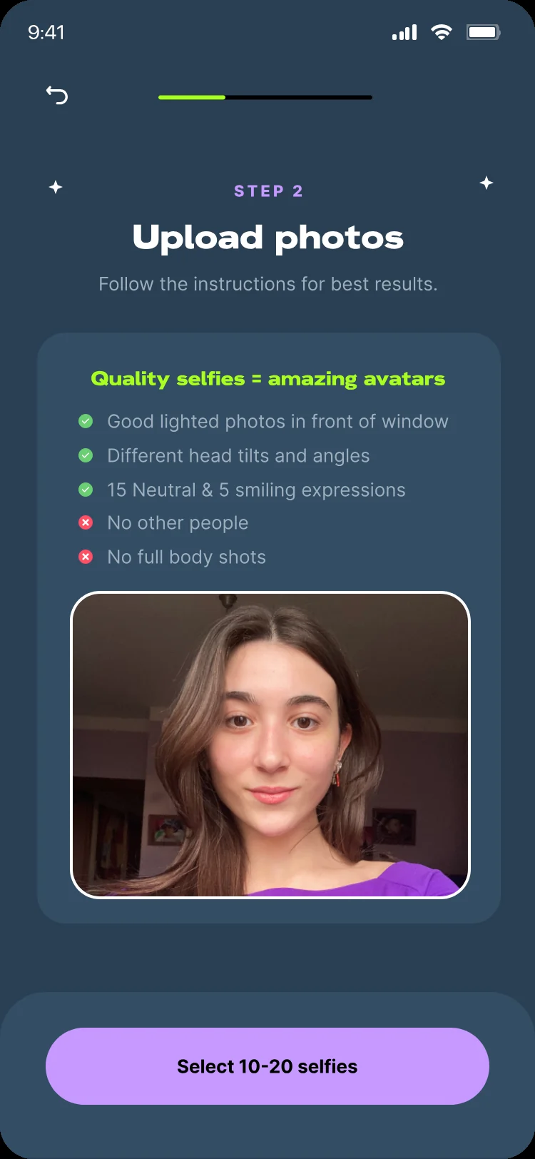 Upload step version 2: a short checklist and a real example selfie