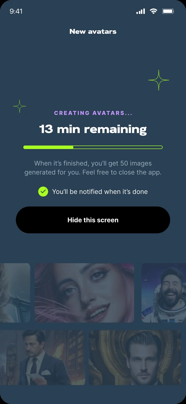 Final creating avatars screen, 13 minutes remaining, with a Hide this screen button