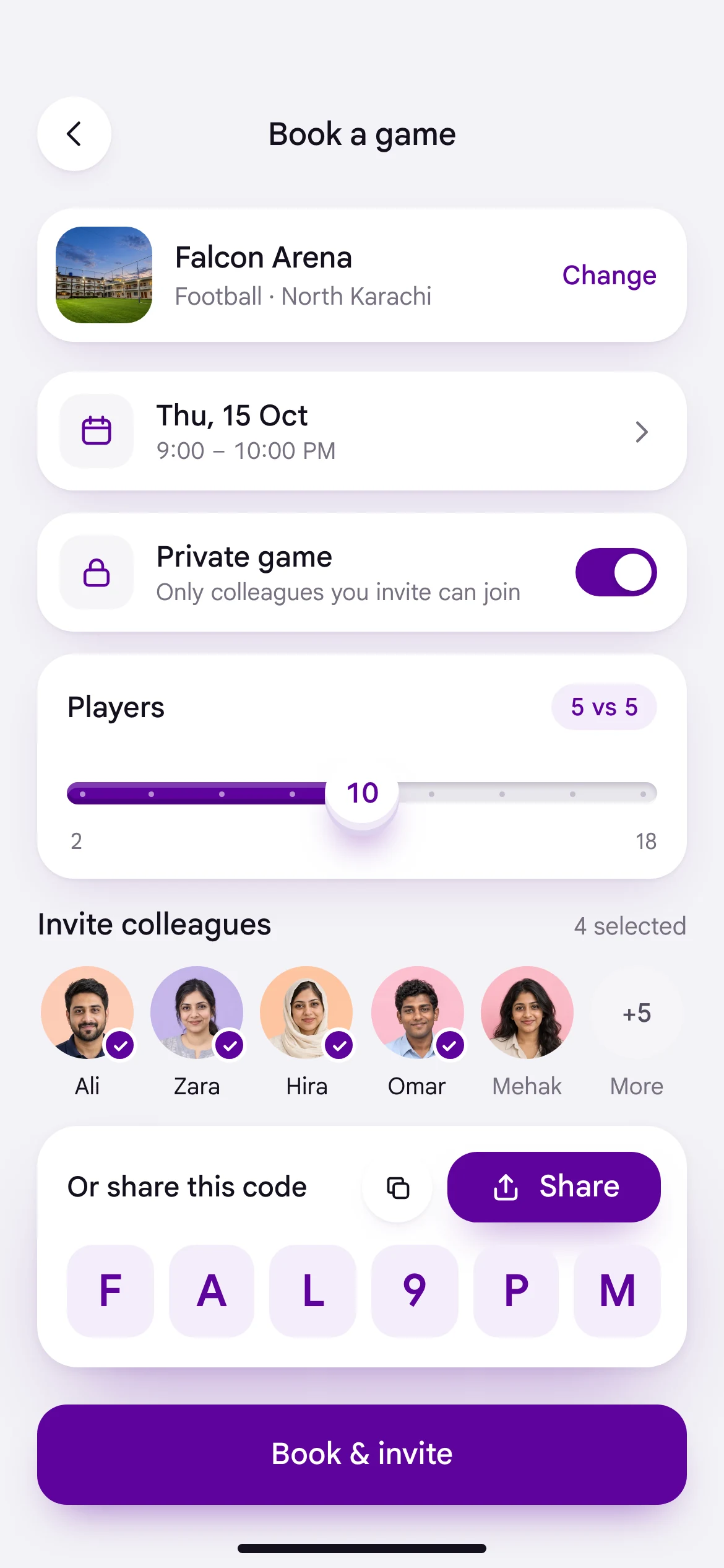 Book a game: a private game with invited colleagues and a share code