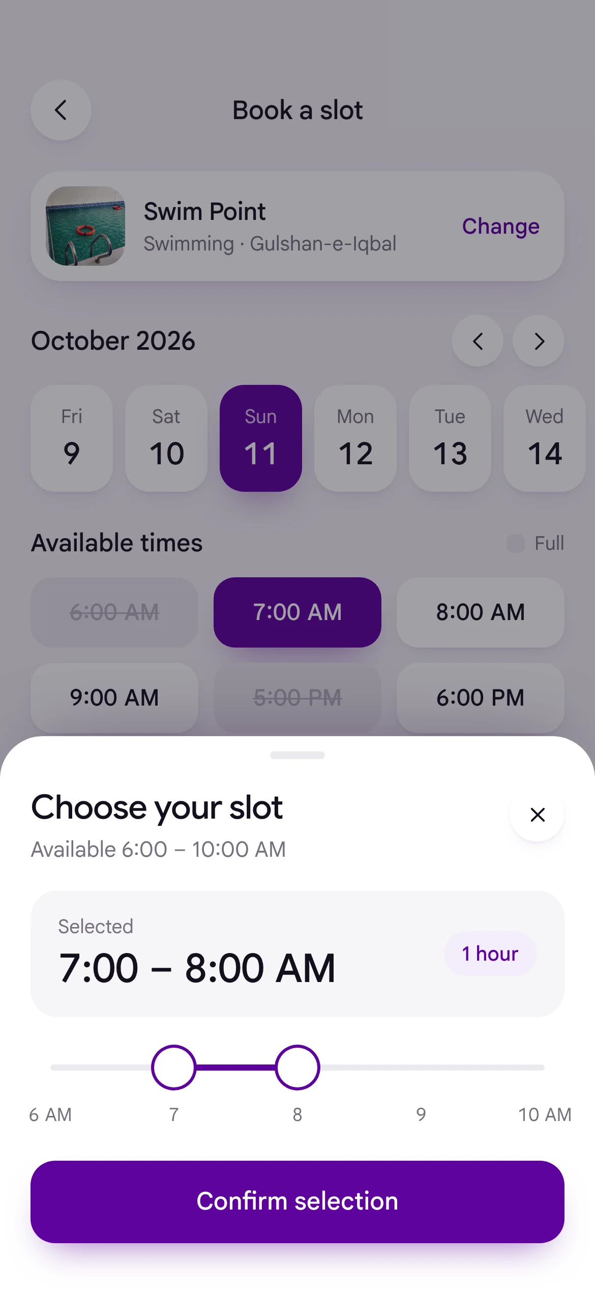Choose your slot: 7:00 to 8:00 AM