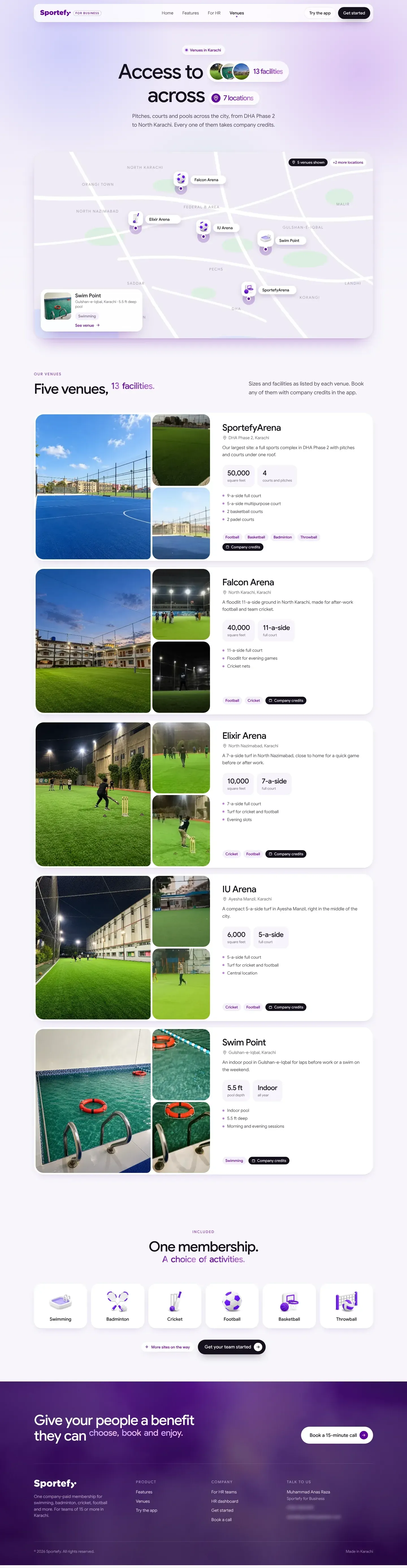 The Venues page: 13 facilities across 7 locations