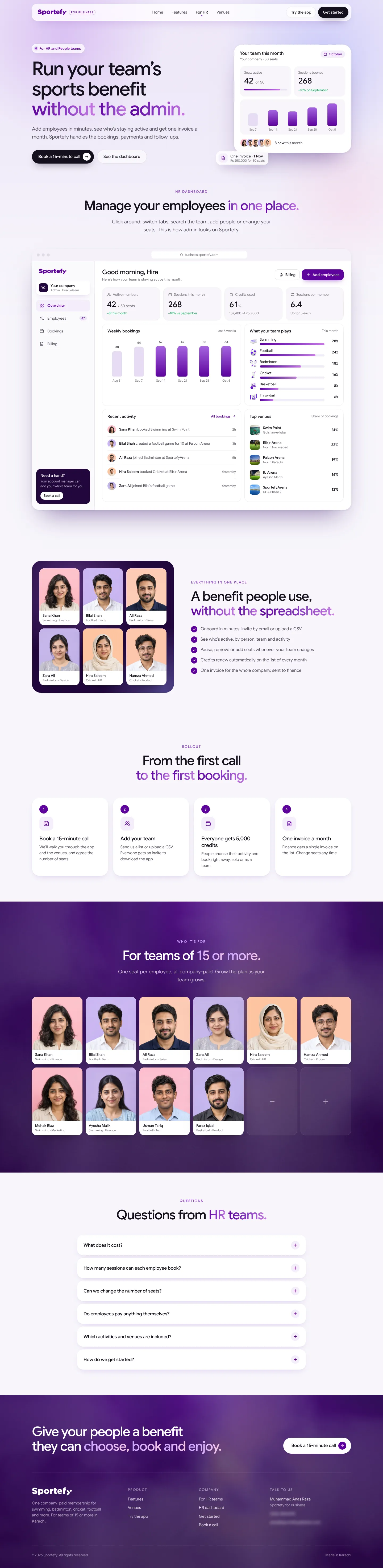 The full For HR page: run your team’s sports benefit without the admin, the dashboard, billing and FAQ