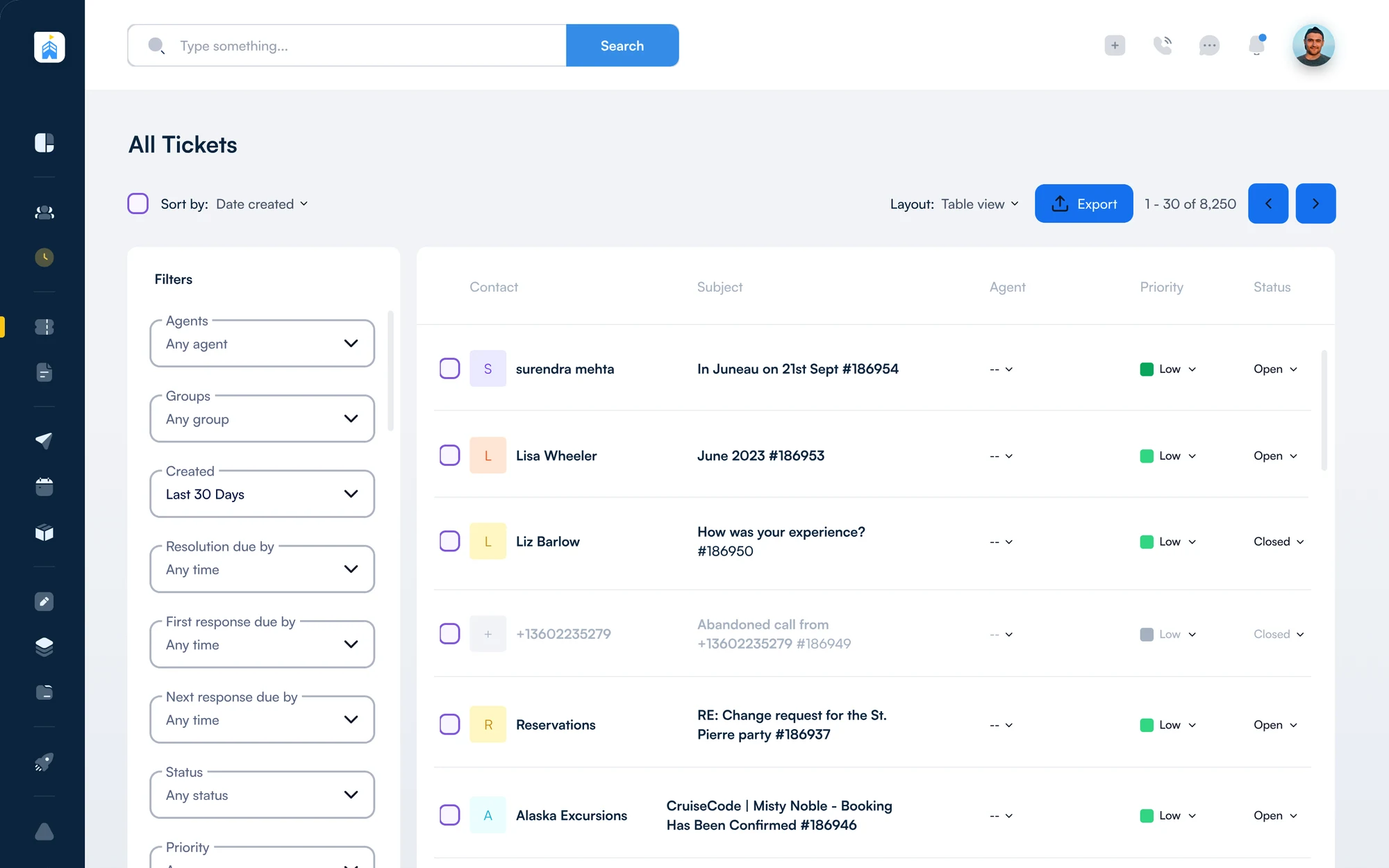 All tickets in table view with contact, subject, agent, priority and status columns