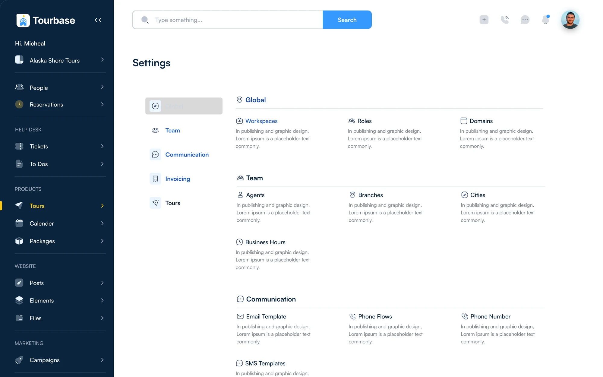 Settings home with global, team, communication, invoicing and tours groups