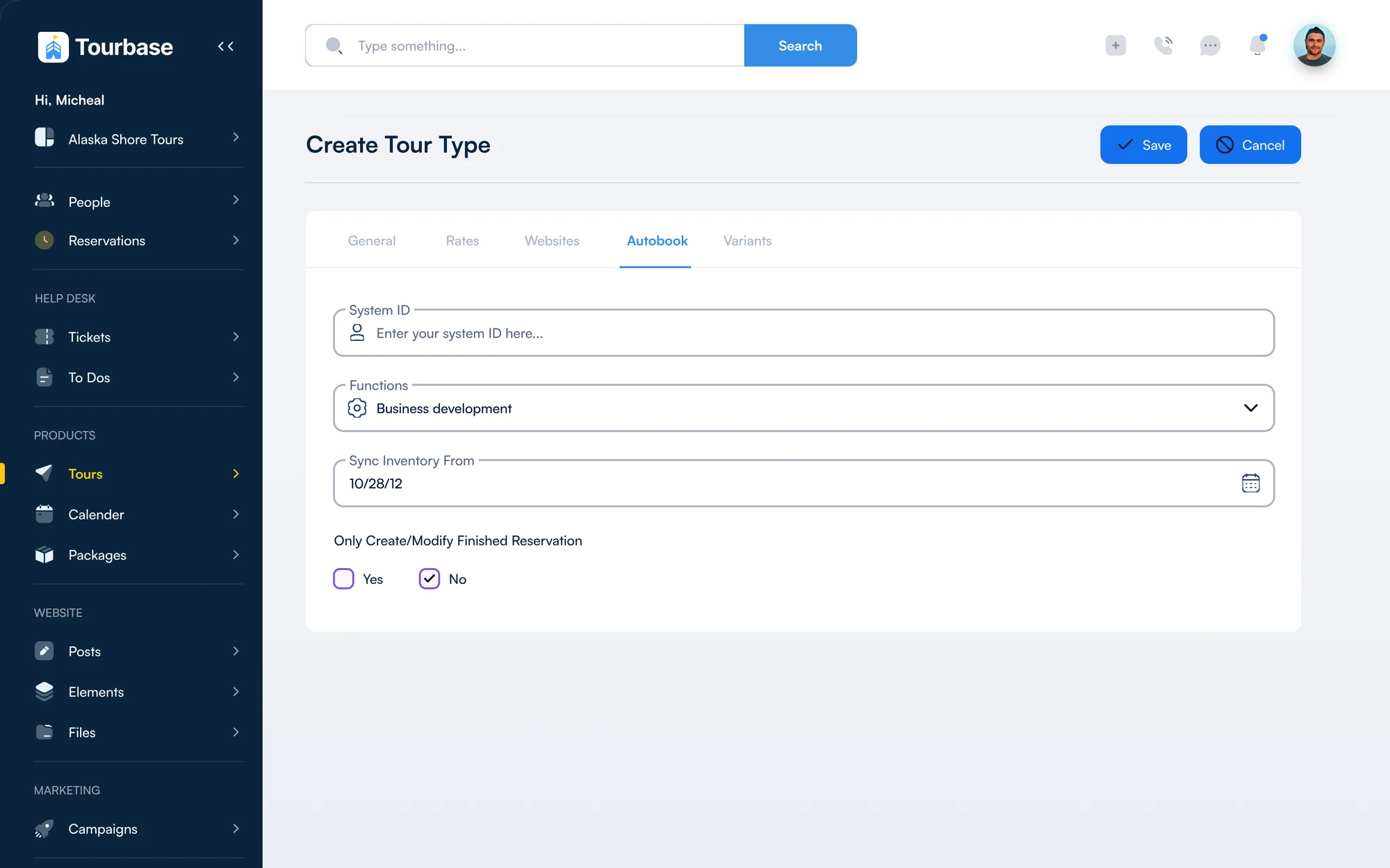 Create tour type on the Autobook tab: system ID, function and inventory sync from the supplier