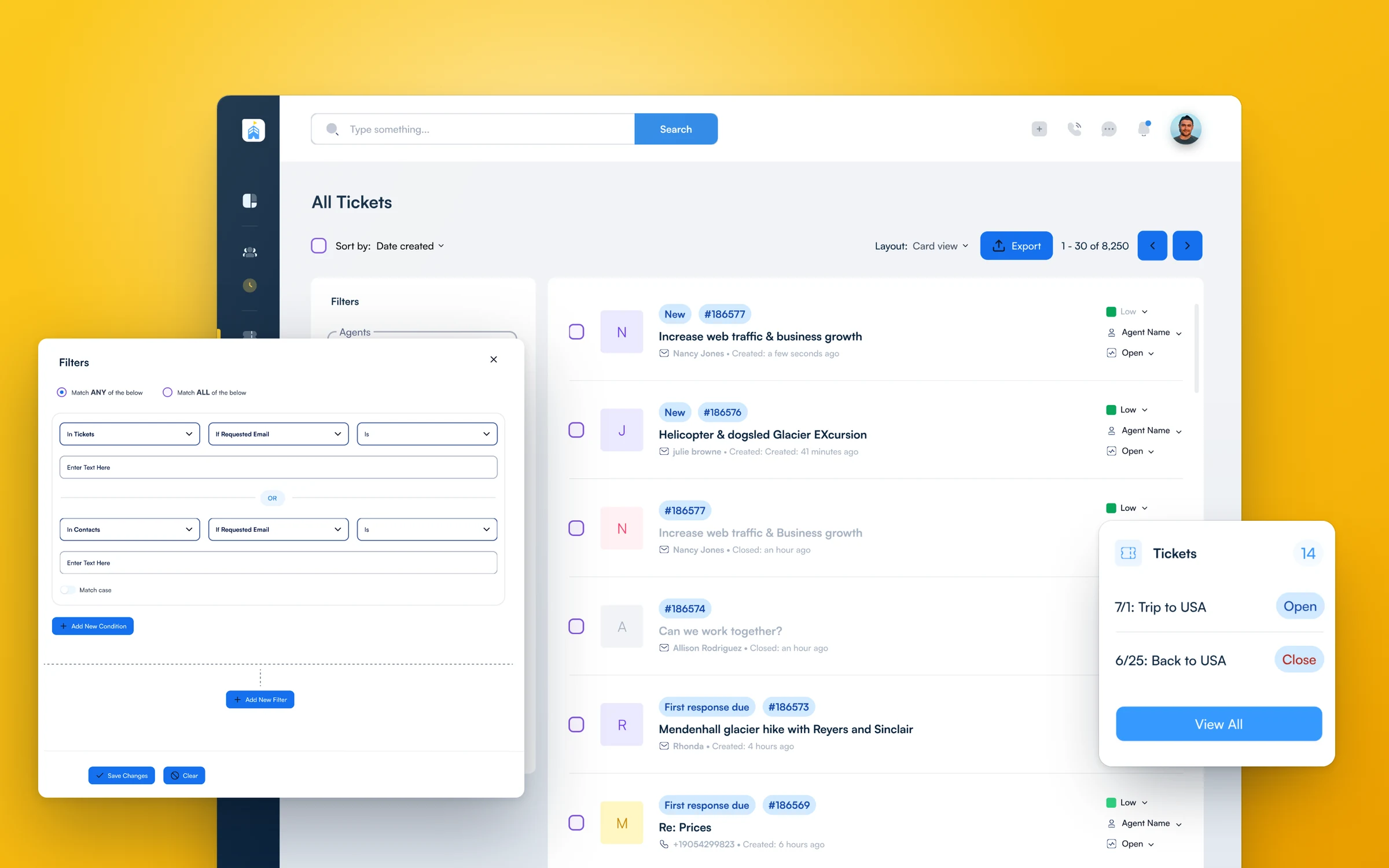Help desk: all tickets in card view with the filter builder and a tickets card