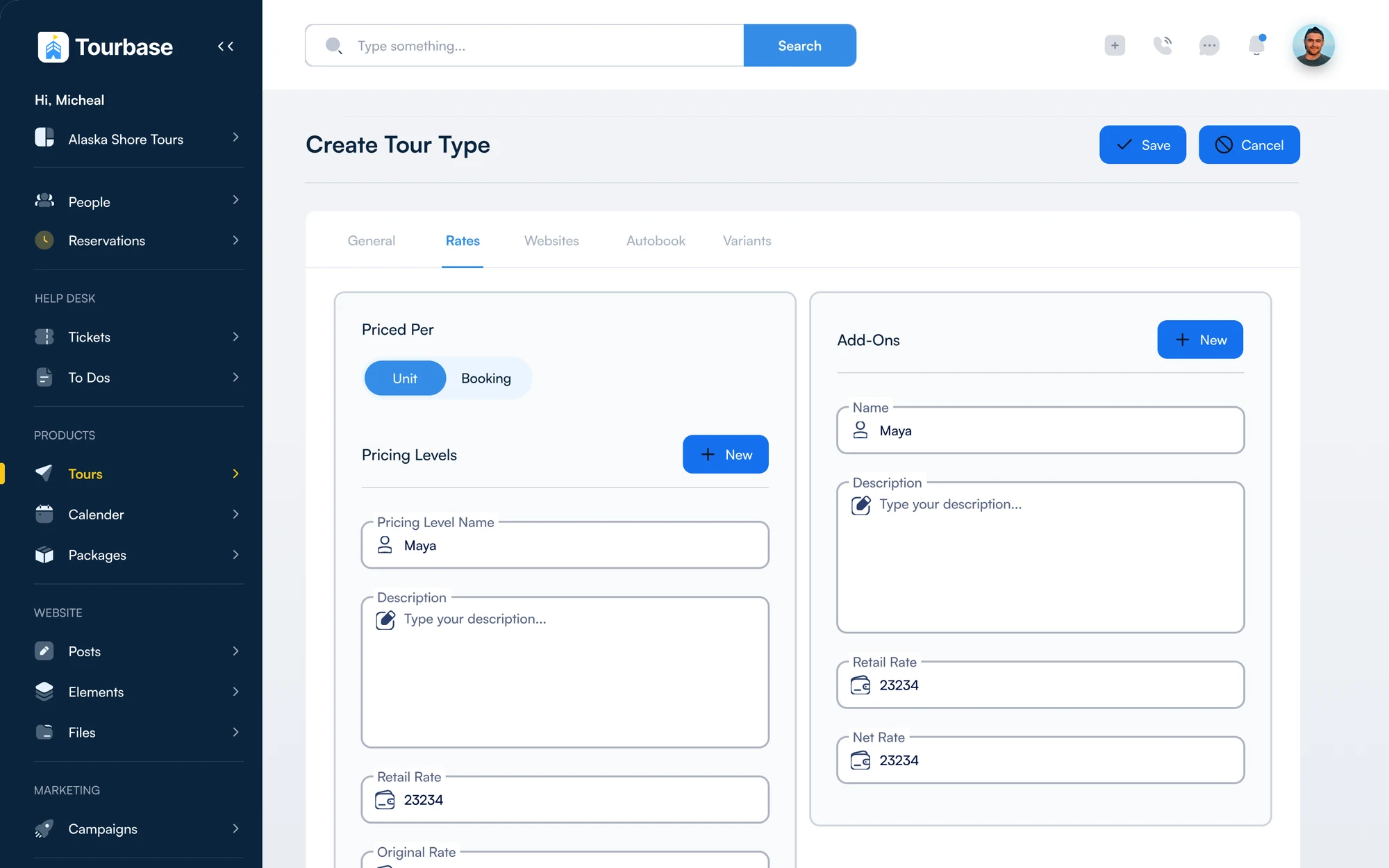 Create tour type on the Rates tab: priced per unit or booking, pricing levels and add-ons