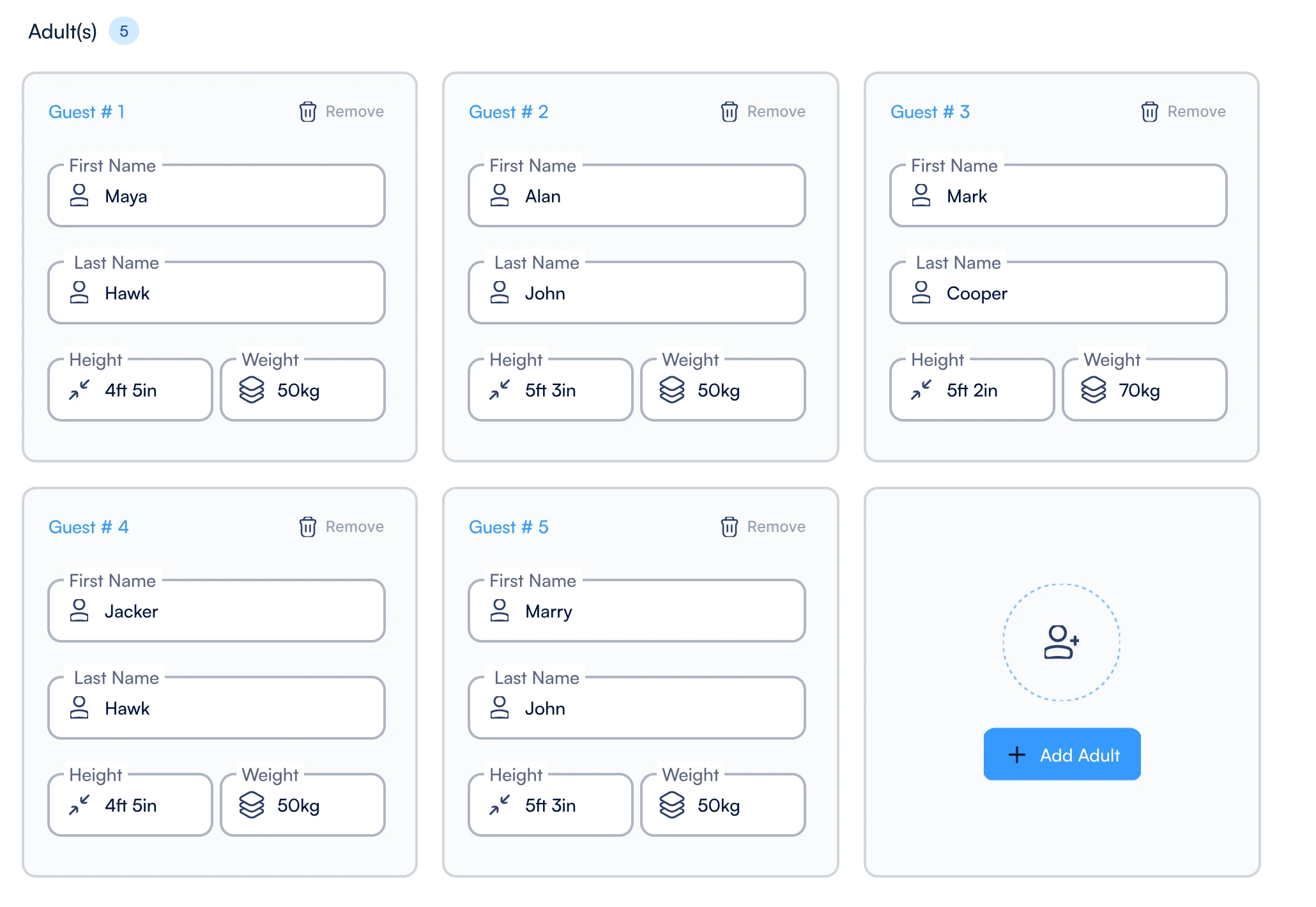 Guests tab with five guest cards, each with first name, last name, height and weight, and an Add guest button