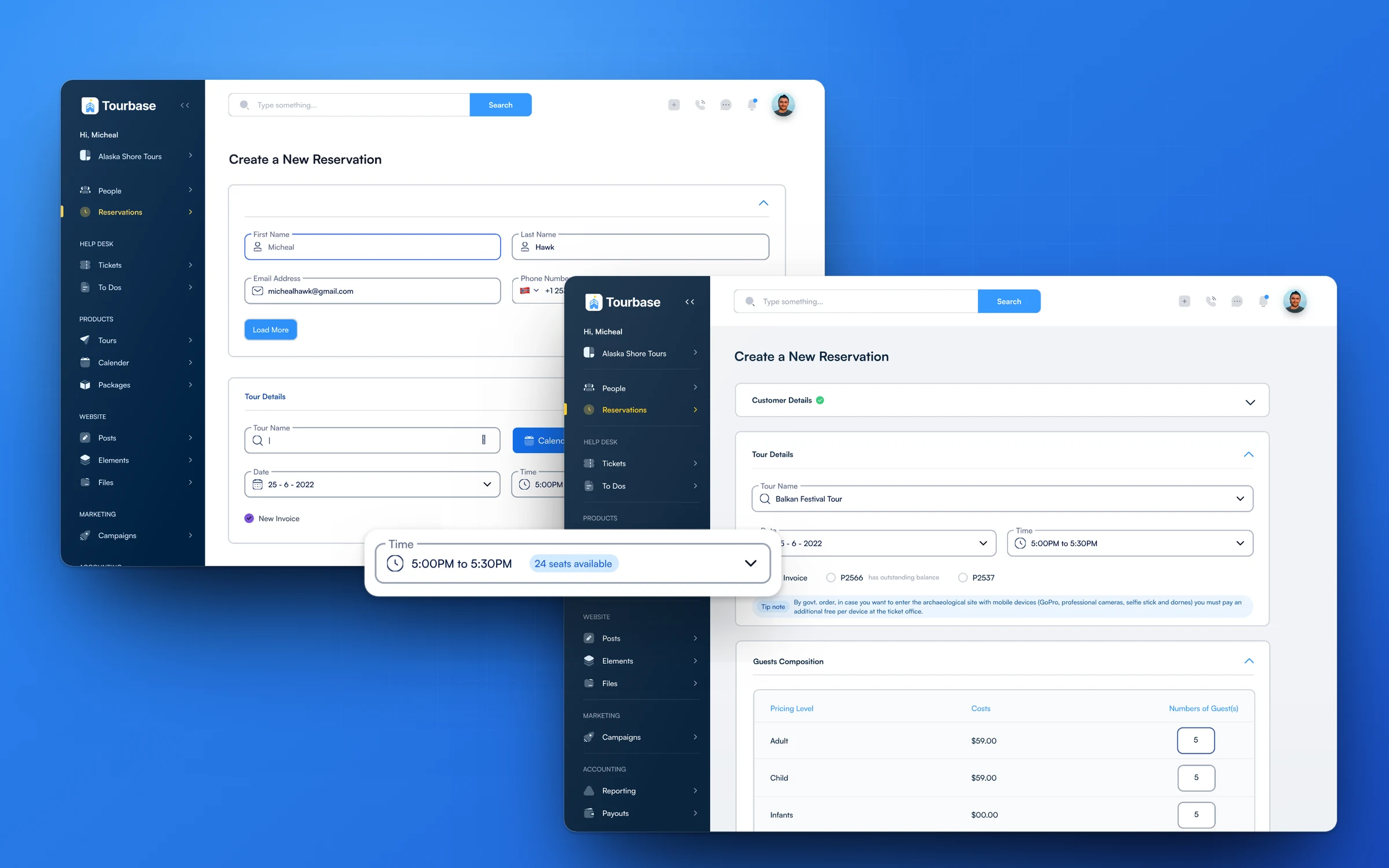 Reservations: the new reservation form beside the reservation record, with seats available in the time picker