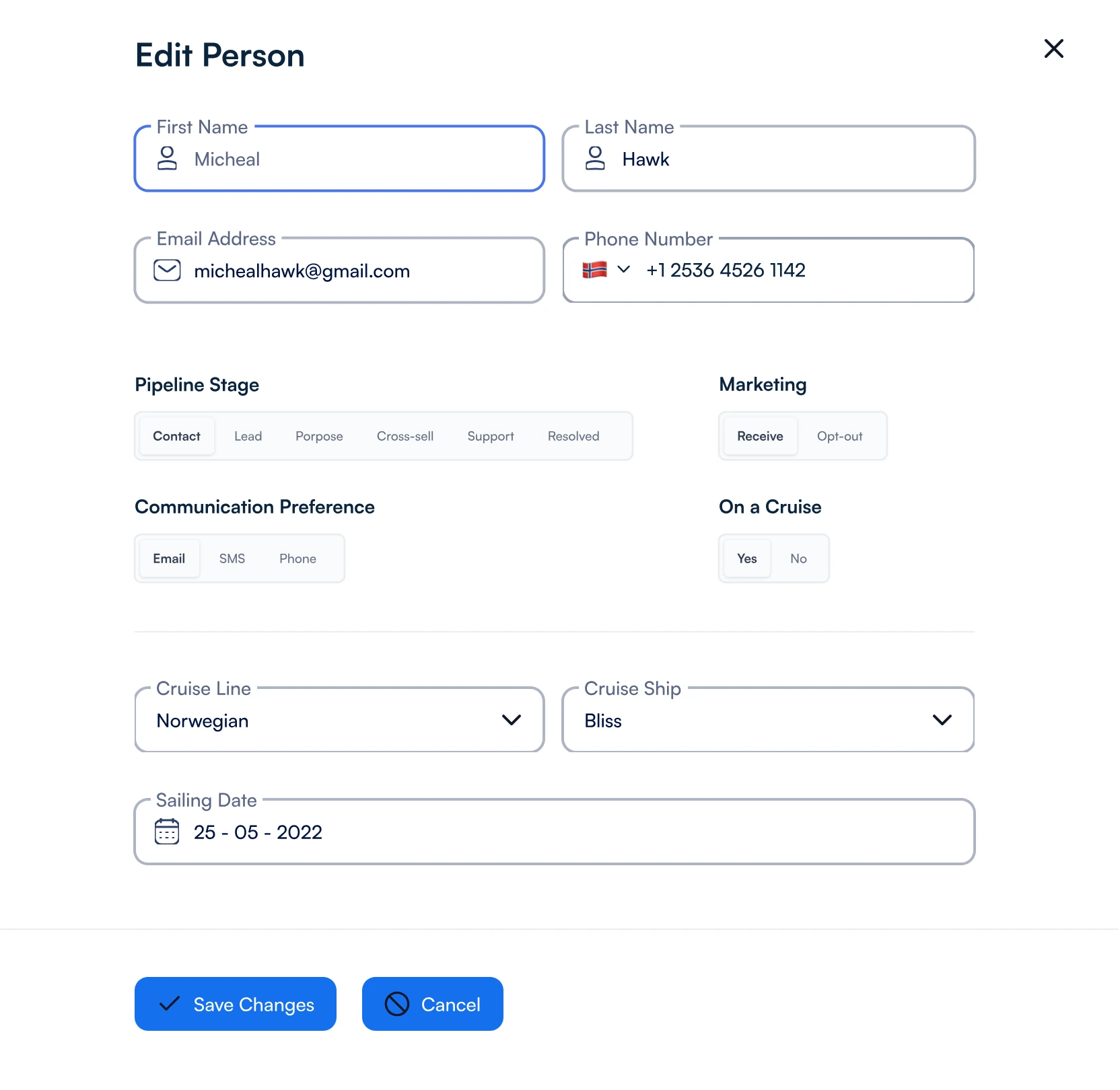 Edit person overlay with name, email, phone, pipeline stage, marketing, communication preference, cruise line, cruise ship and sailing date
