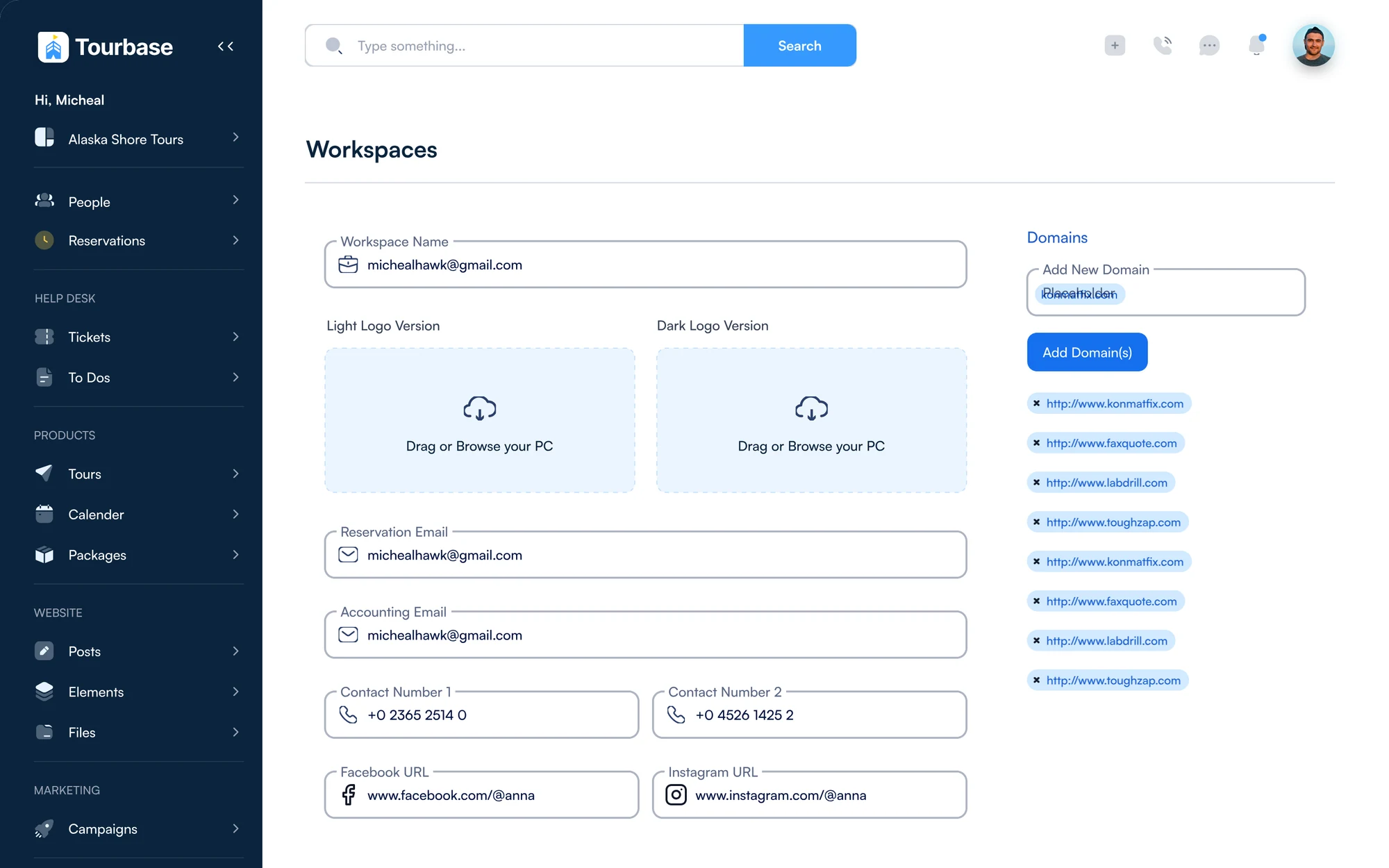 Editing a workspace: name, light and dark logos, reservation and accounting emails, contact numbers and its list of domains