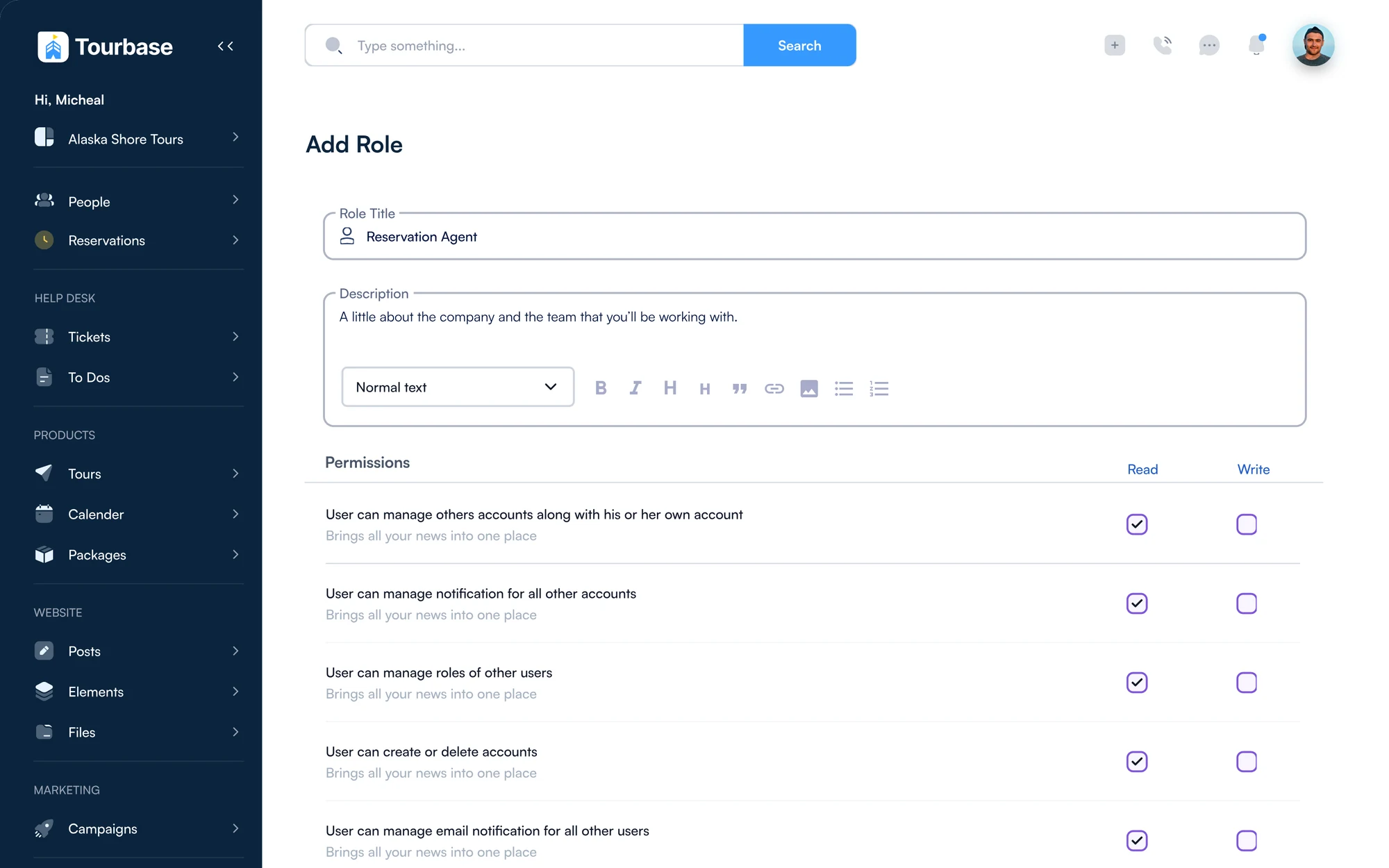 Add role screen with a role title, description and read and write permissions for each capability