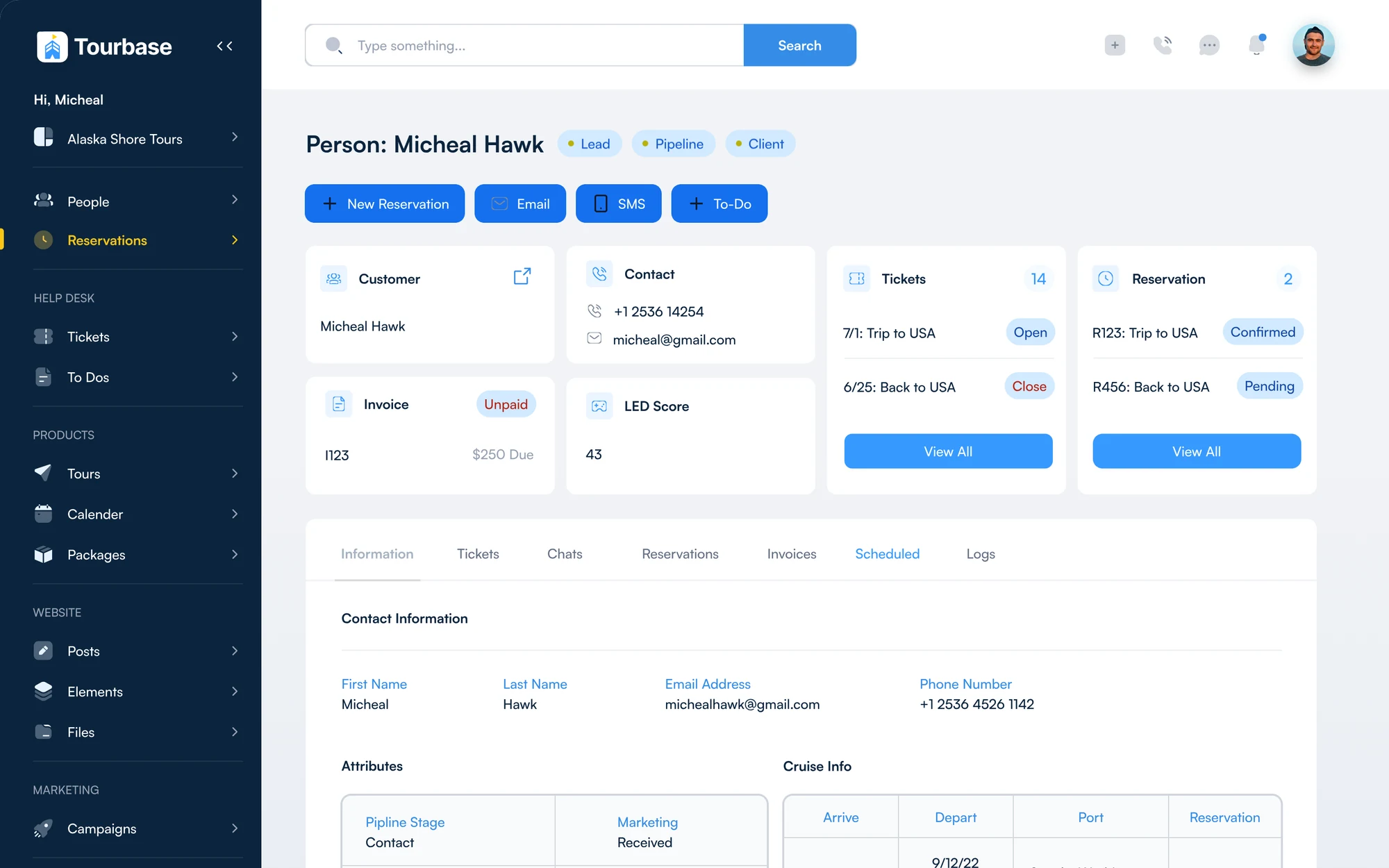 Traveler profile with customer, contact, tickets, reservations, invoice and lead score, on the Information tab