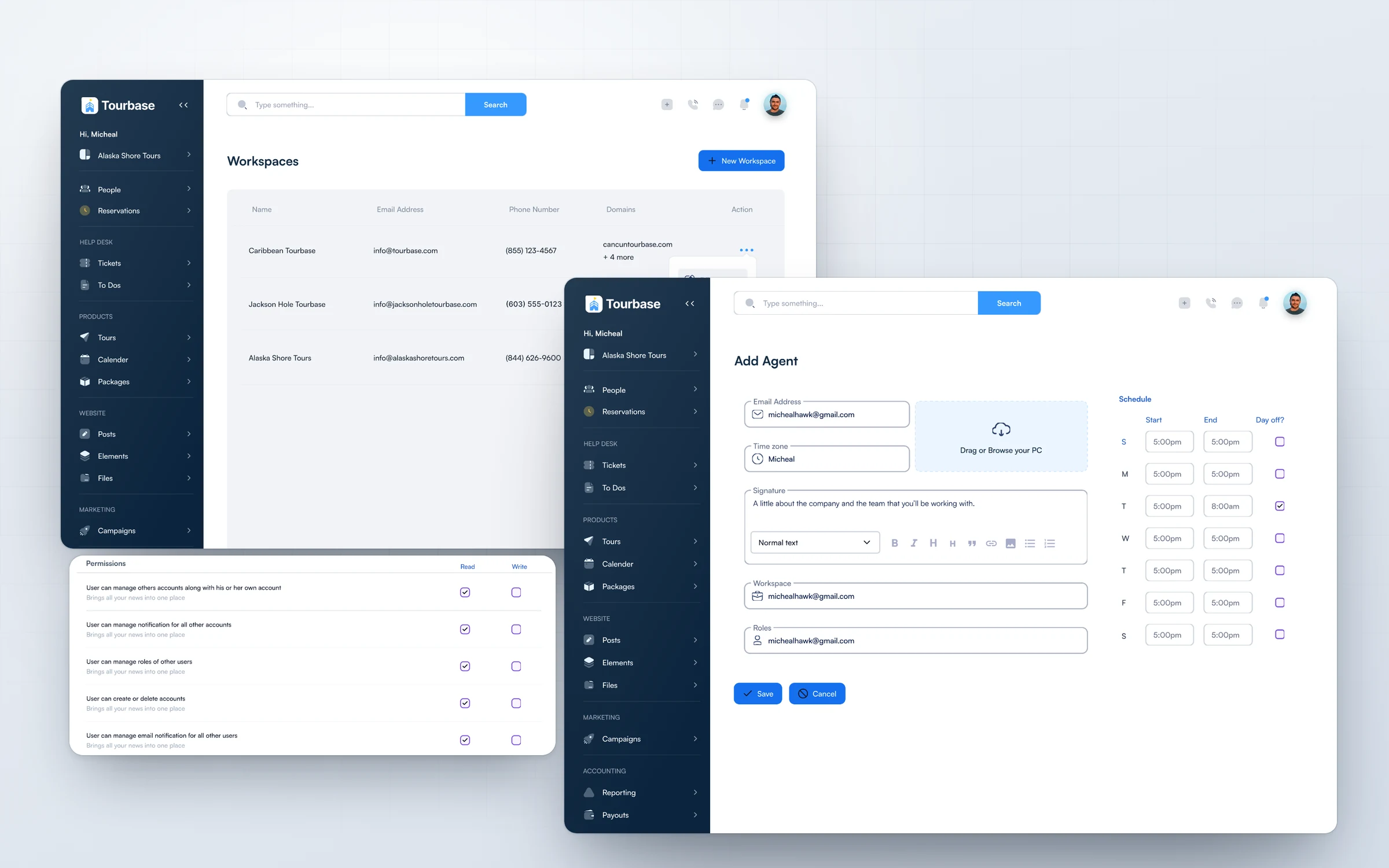 Settings: workspaces, role permissions and adding an agent with a weekly schedule