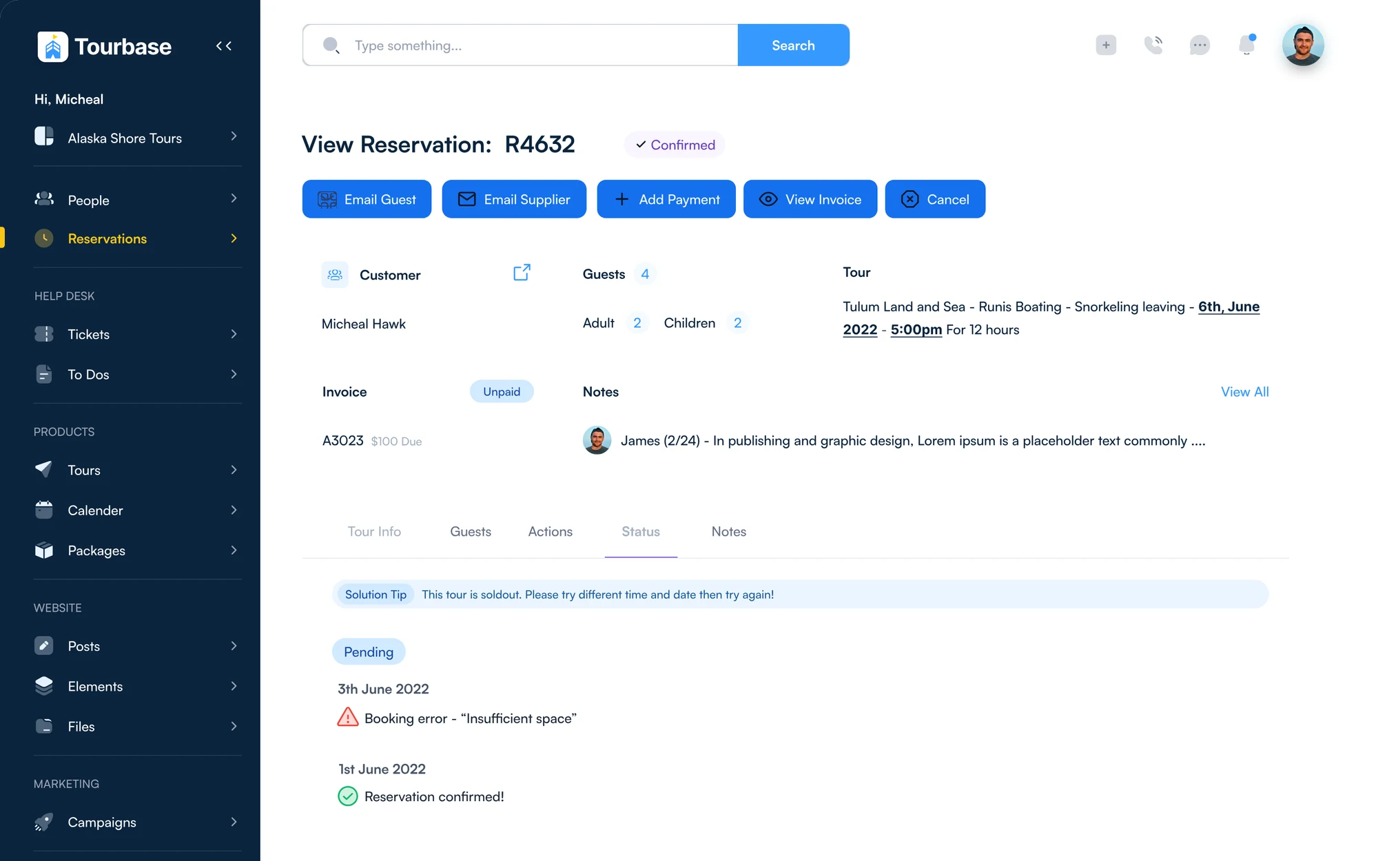 The same reservation on the Status tab, with a booking error and a solution tip