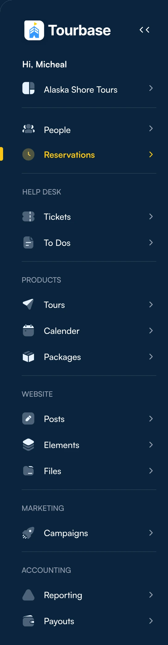The full navy sidebar with grouped navigation for people, reservations, help desk, products, website and marketing