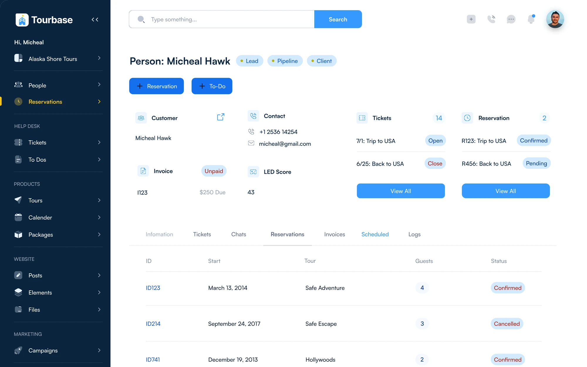 The same profile on the Reservations tab