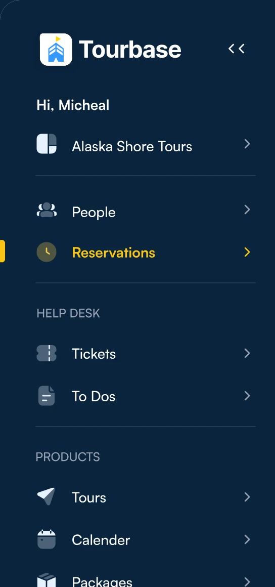 The navy sidebar set in Satoshi: Tourbase, Alaska Shore Tours, People, Reservations, Tickets